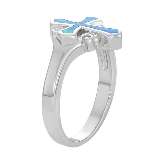 Sterling Silver Lab-Created Blue Opal Cross Ring