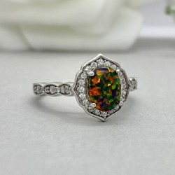 Sterling Silver Simulated Diamond Halo Oval Black Fire Opal Engagement Wedding Ring