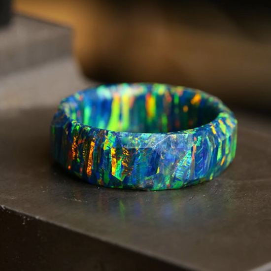 Unique Hammered Finish Black Opal Mens Wedding Ring